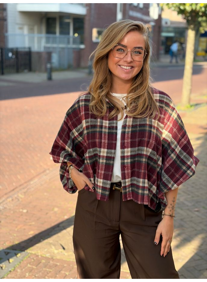 Geruite blouse met ballonmouw - bordeaux