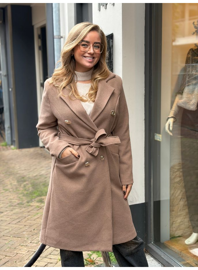Taupe getextureerde mantel met ceintuur