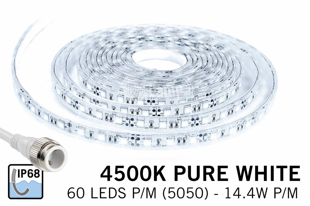 Waterdichte LED strip neutraal wit IP68 met 300 leds, 5M,12V, 72W