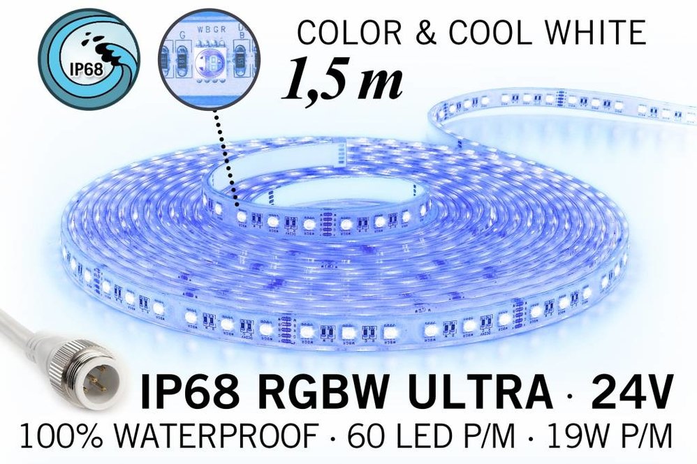 AppLamp IP68 Waterdichte RGBW ULTRA Ledstrip, RGB+Koel wit, 60 led's p/m, 24 Volt, 1,5 meter