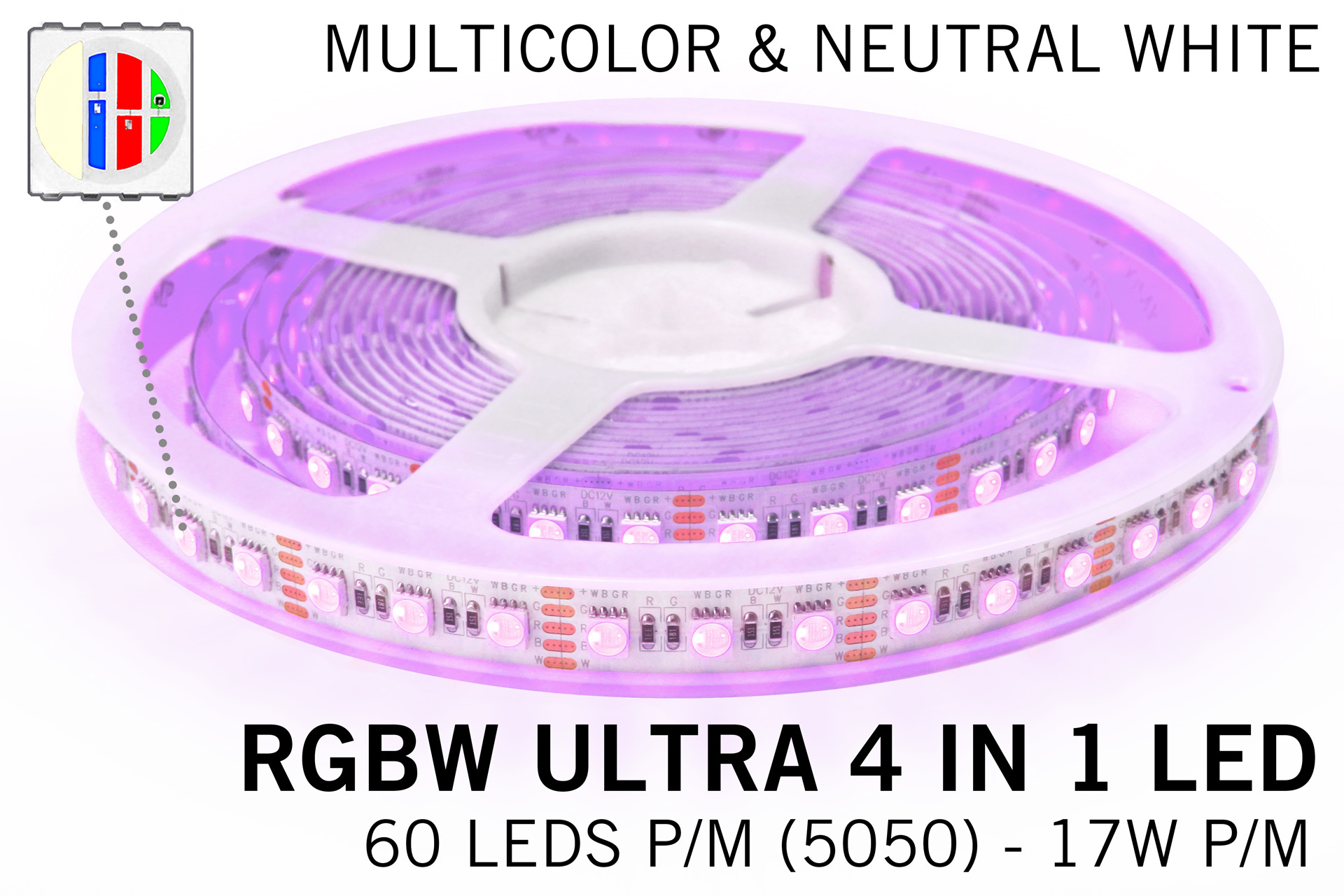 AppLamp RGBW+Neutraal Wit ULTRA LED strip  | 4 IN 1 LED | 60-84Led p.m. | 12V-24V