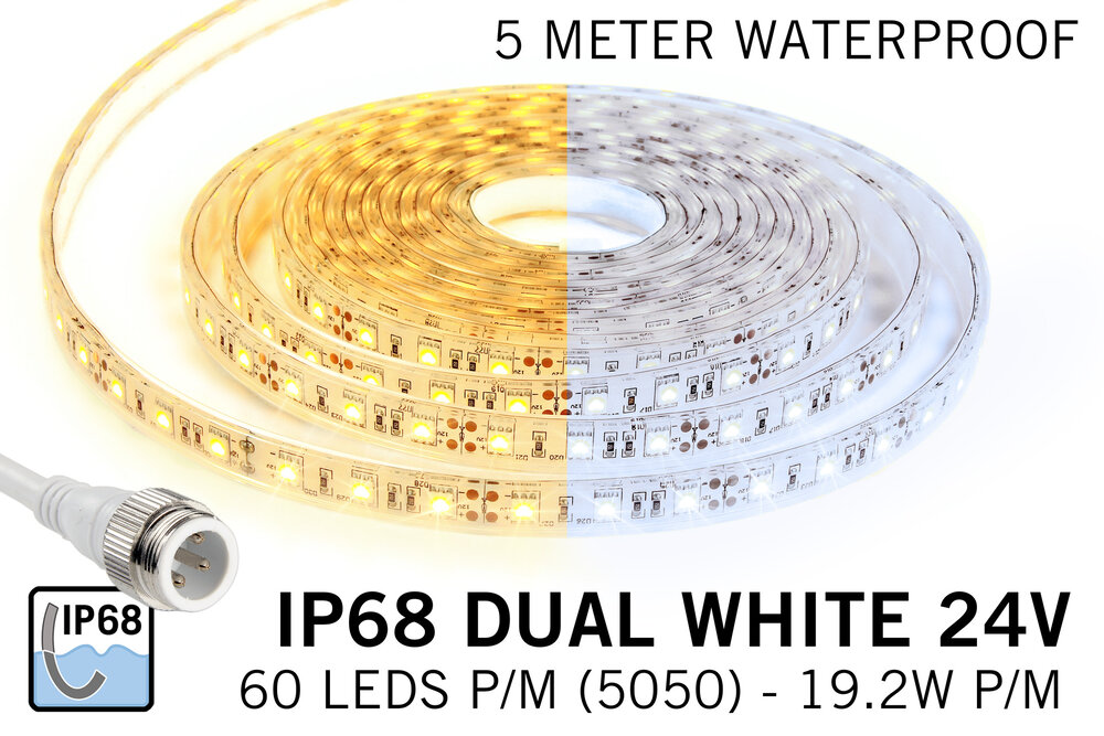 AppLamp Waterdichte Dual White CCT LED strip (IP68) met 60 LED's/pm 24V,  5 meter