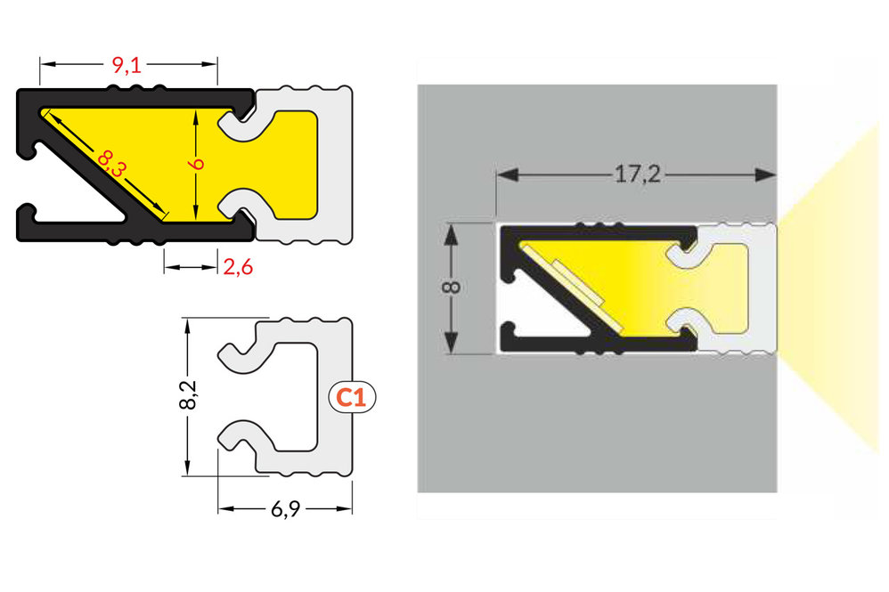 Cover C1 melkwitte kap in 1m of 2m lengte voor PICO ledprofiel