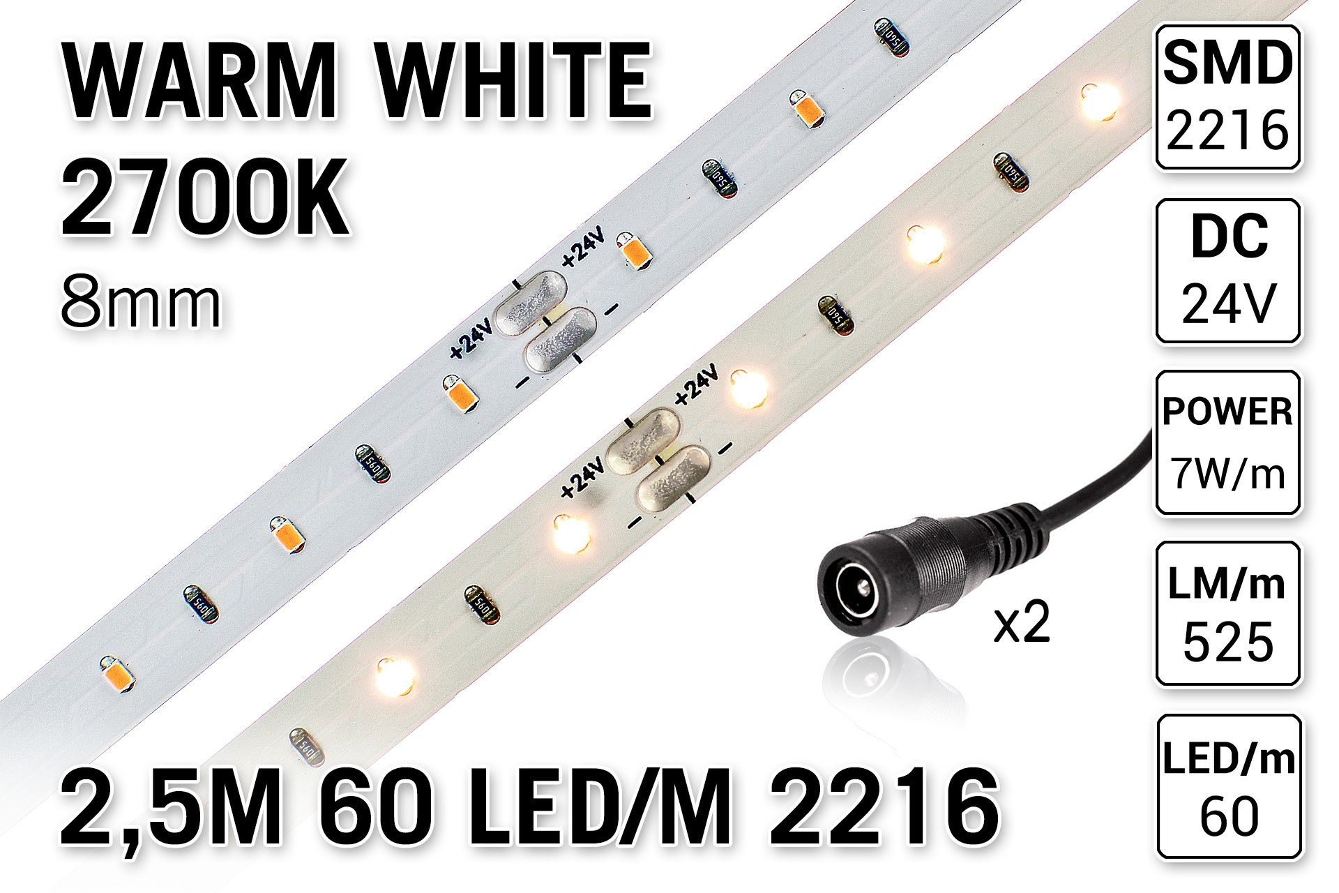 AppLamp ProLine PRO LINE Warm Wit Losse Led Strip | 2.5m 60 Leds pm Type 2216 24V 7W pm