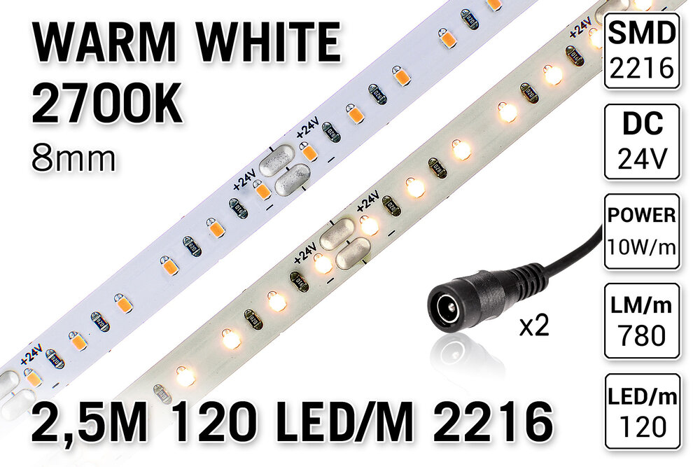 AppLamp ProLine PRO LINE Warm Wit Losse Led Strip | 2.5m 120 Leds pm Type 2216 24V 10W pm