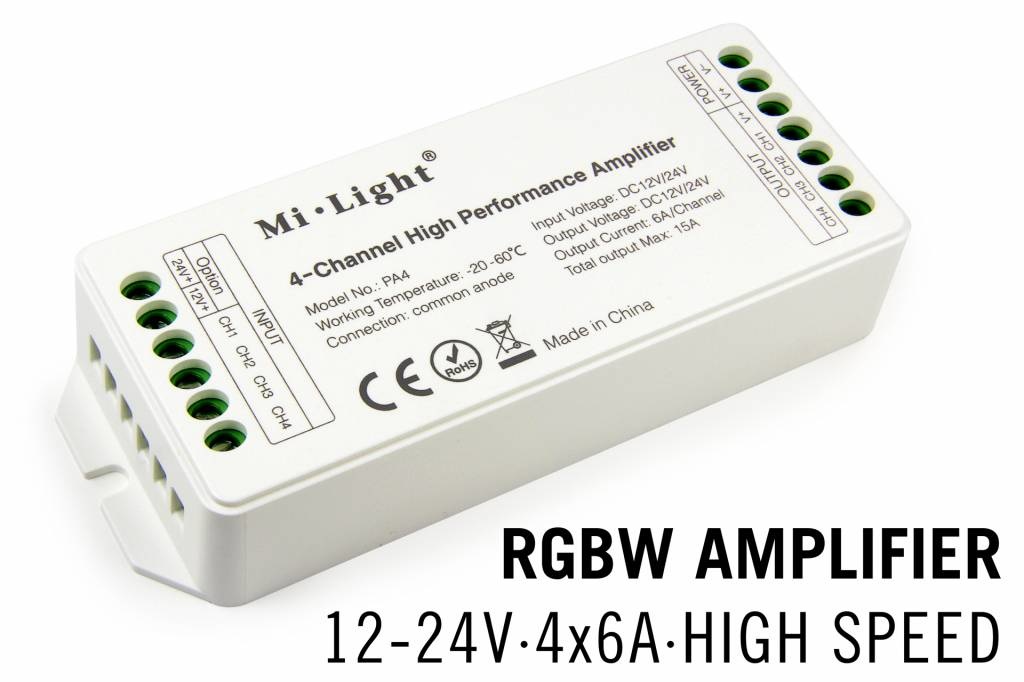 MiLight RGBW MiLight LED strip versterker 4 x 6Amp High Speed
