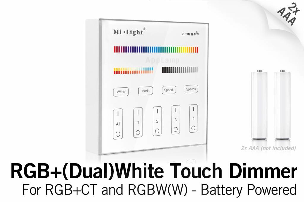MiLight MiLight RGB+ DualWhite (RGB+CT) Touch Wandbediening Opbouw, 4-zones, RF, 2xAAA