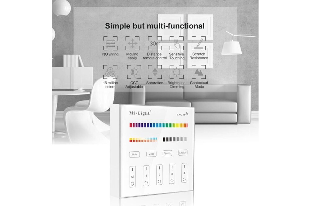 MiLight MiLight RGB+ DualWhite (RGB+CT) Touch Wandbediening Opbouw, 4-zones, RF, 2xAAA