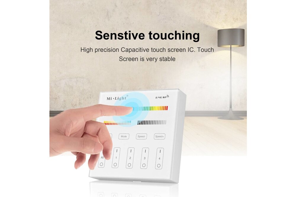 MiLight MiLight RGB+ DualWhite (RGB+CT) Touch Wandbediening Opbouw, 4-zones, RF, 2xAAA