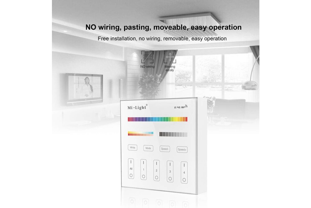 MiLight MiLight RGB+ DualWhite (RGB+CT) Touch Wandbediening Opbouw, 4-zones, RF, 2xAAA