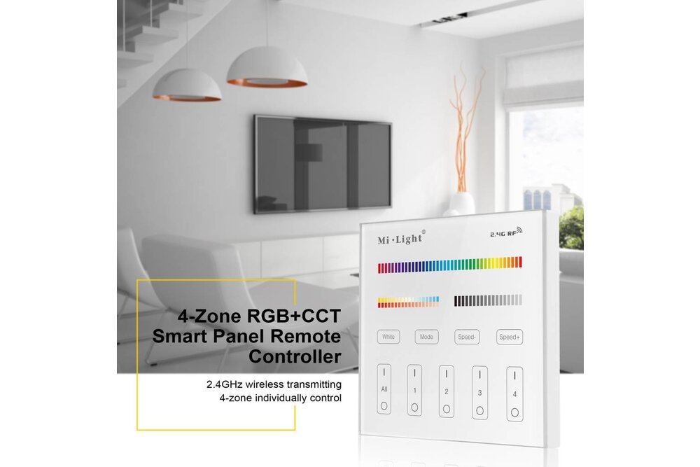 MiLight MiLight RGB+ DualWhite (RGB+CT) Touch Inbouw wandbediening, 4-zones, RF, 220V