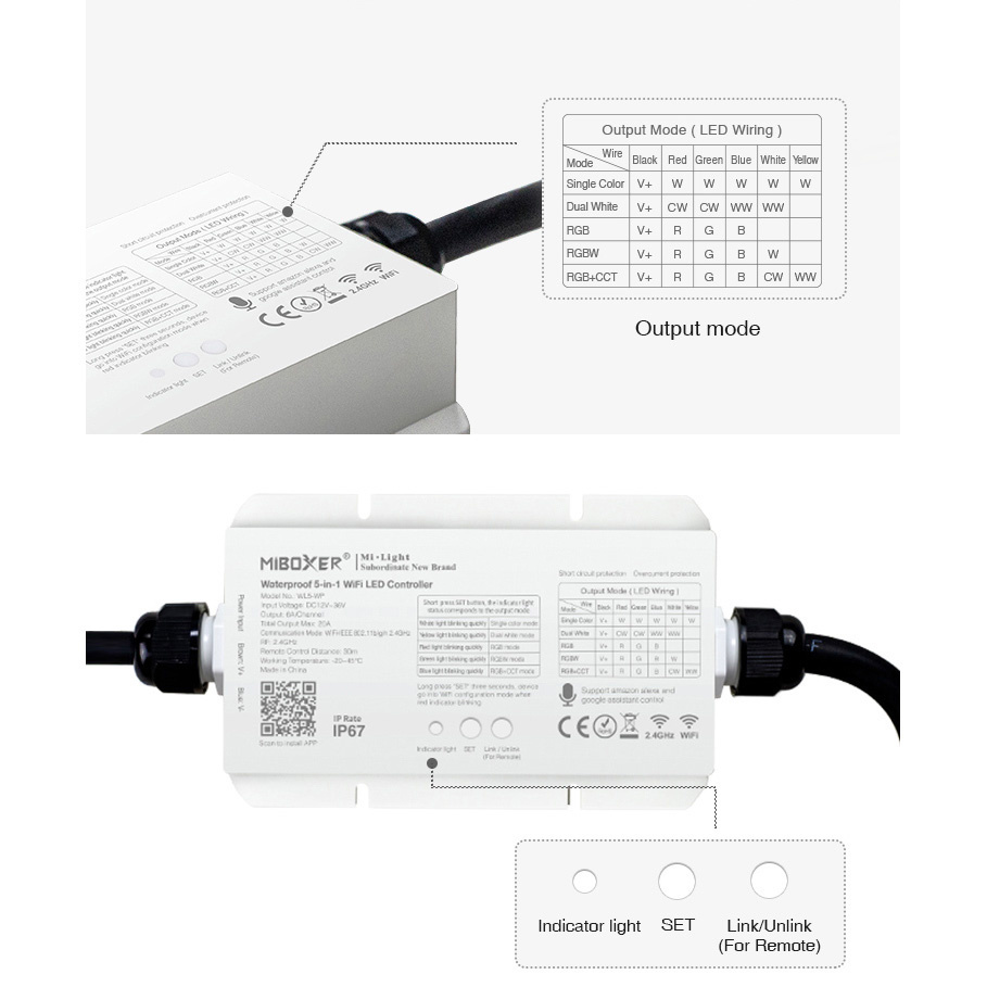 MiLight IP67 Waterdichte WiFi LEDstrip Controller | 12~24V 20A | Optioneel met afstandsbediening |  WL5-WP