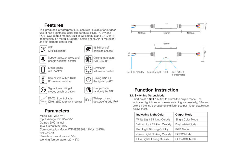 MiLight IP67 Waterdichte WiFi LEDstrip Controller | 12~24V 20A | Optioneel met afstandsbediening |  WL5-WP
