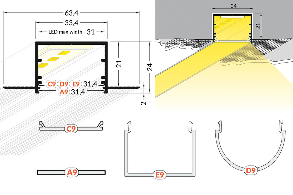 EVO305 TS 31mm verzonken inbouw Led Profiel 1m-2m