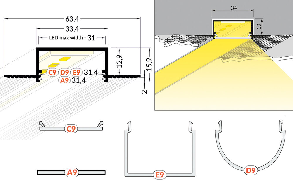 EVO304 TS 31mm verzonken inbouw Led Profiel 1m-2m