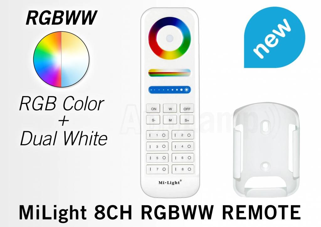 MiLight MiLight RGB+ DualWhite (RGB+CT) hand afstandsbediening,  8-zones, RF, 2xAAA