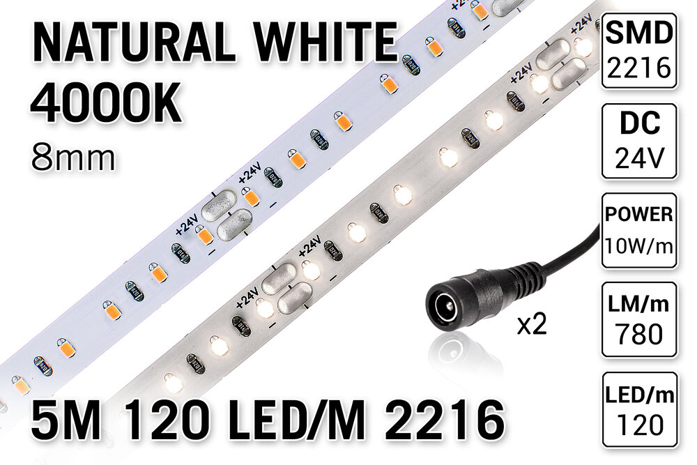 AppLamp ProLine PRO LINE Neutraal Wit Led Strip | 5m 120 Leds pm Type 2216 24V Losse Strip