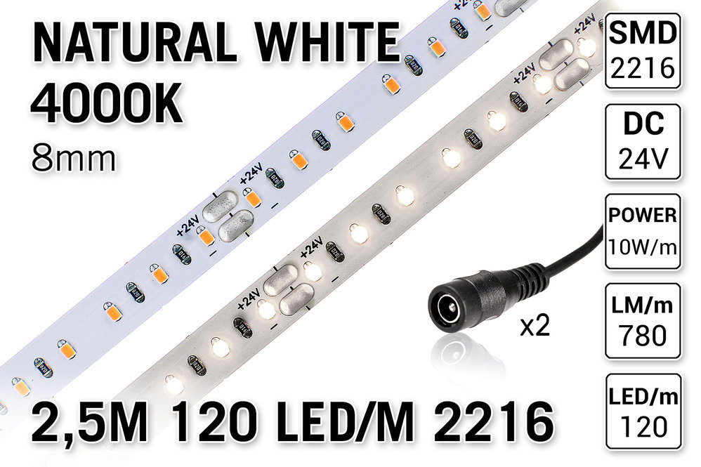 AppLamp ProLine PRO LINE Neutraal Wit Led Strip | 2,5m 120 Leds pm Type 2216 24V Losse Strip