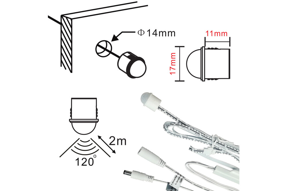 Mini LED PIR bewegingssensor Ø14mm  inbouw (40sec), <=2m, 4A 12V-24V