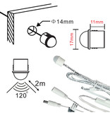 Mini LED PIR bewegingssensor Ø14mm  inbouw (40sec), <=2m, 4A 12V-24V