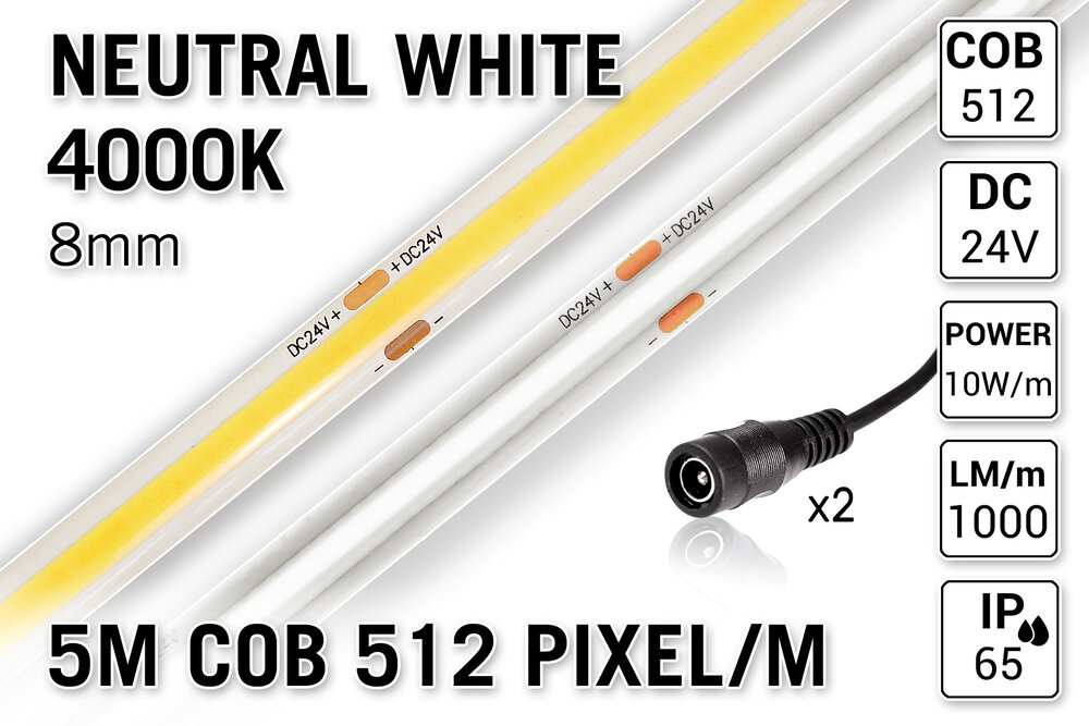 AppLamp Pro Line COB 4000K Neutraal Wit Led Strip | 5m 10W pm  24V | 512 pixels pm - Losse Strip