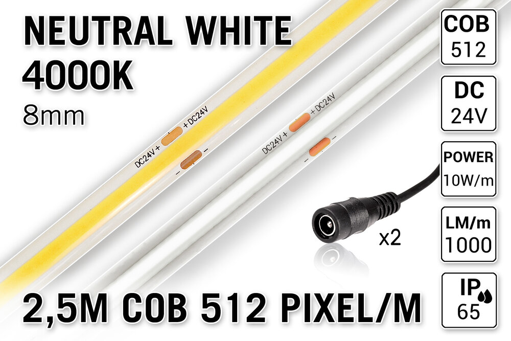 AppLamp Pro Line COB 4000K Neutraal Wit Led Strip |  2,5m 10W pm  24V | 512 pixels pm - Losse Strip