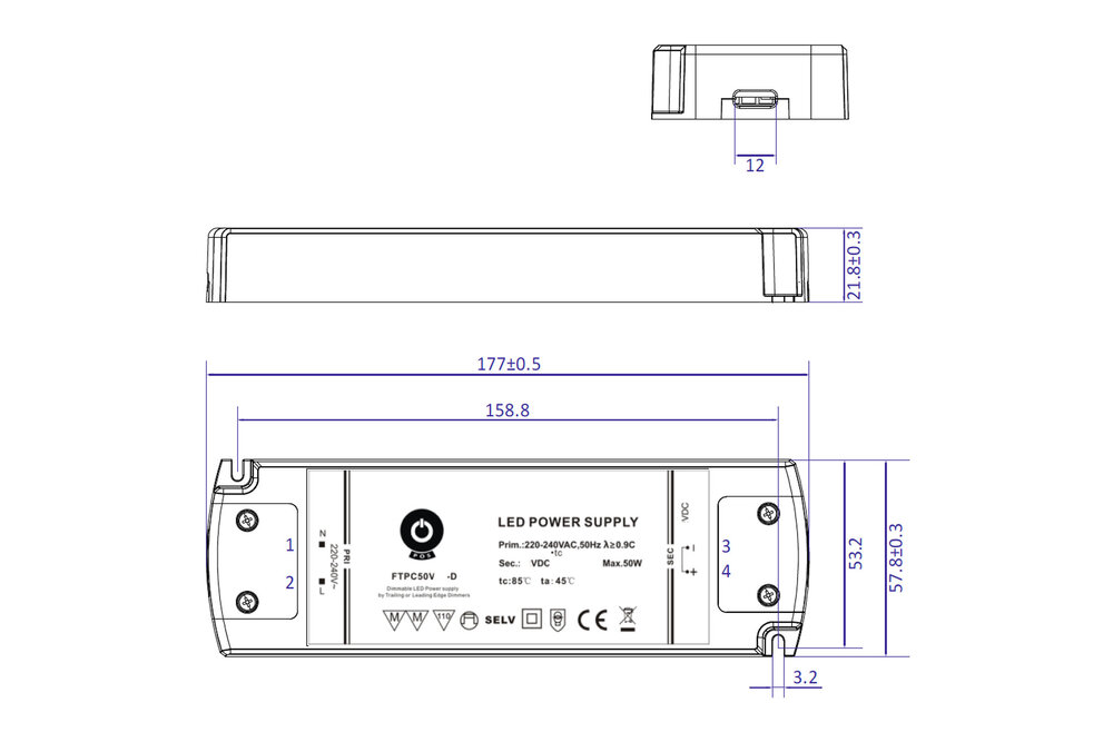 POS-POWER Compacte Dimbare Voeding DC 12 Volt 50 Watt 4.16 Ampère