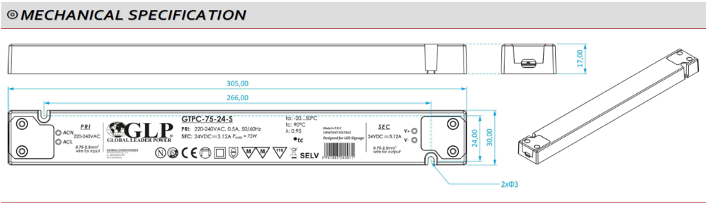 GLP Ultra Dunne Constant Voltage Voeding DC 12 Volt 75 Watt 6.25 Ampère met PFC control