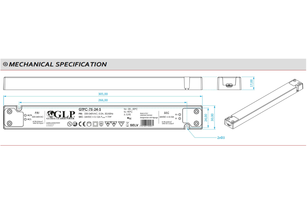 GLP Ultra Dunne Constant Voltage Voeding DC 24 Volt 75 Watt 3.125 Ampère met PFC control