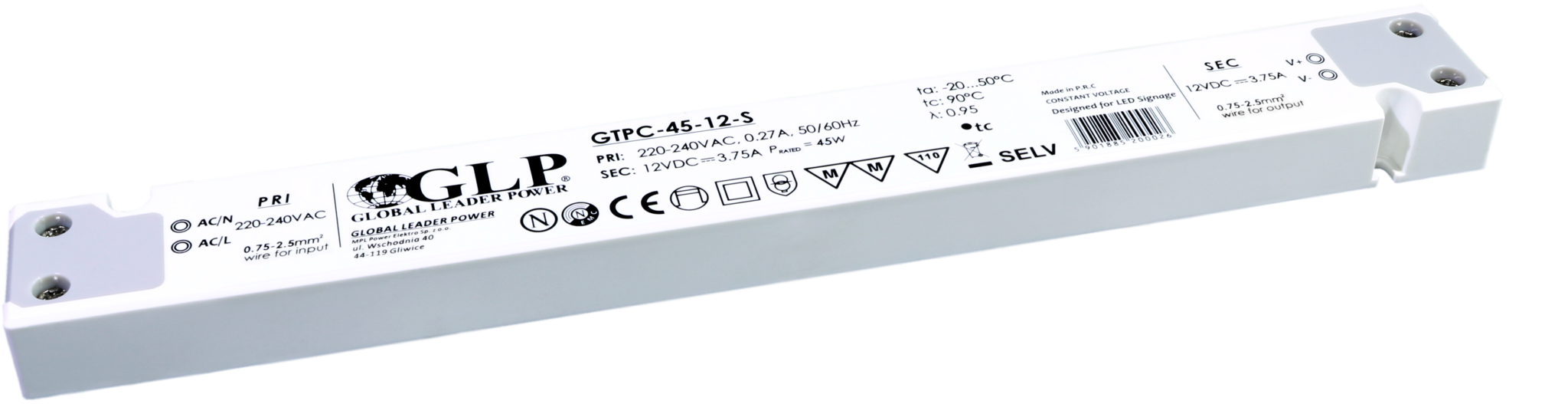 GLP Ultra Dunne Constant Voltage Voeding DC 24 Volt 45 Watt 1.87 Ampère met PFC control