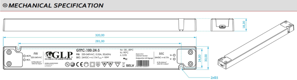 GLP Ultra Dunne Constant Voltage Voeding DC 12 Volt 100 Watt 8.34 Ampère met PFC control