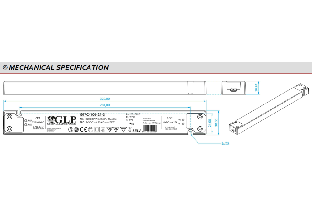 GLP Ultra Dunne Constant Voltage Voeding DC 12 Volt 100 Watt 8.34 Ampère met PFC control