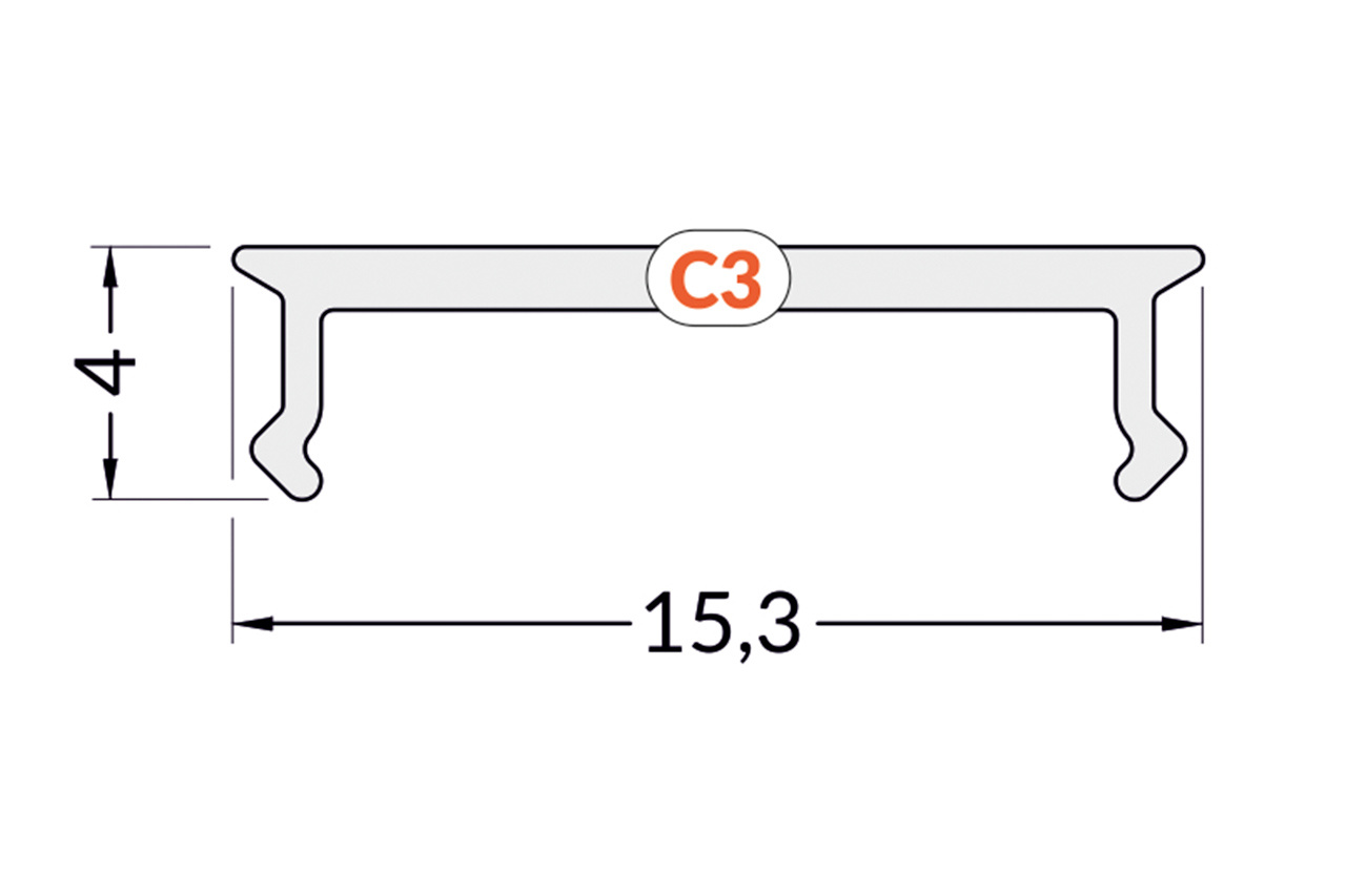 Cover C3 Clickon Zwart in 1m of 2m lengte  voor leprofiel NOVA16 en NOVA16 RS