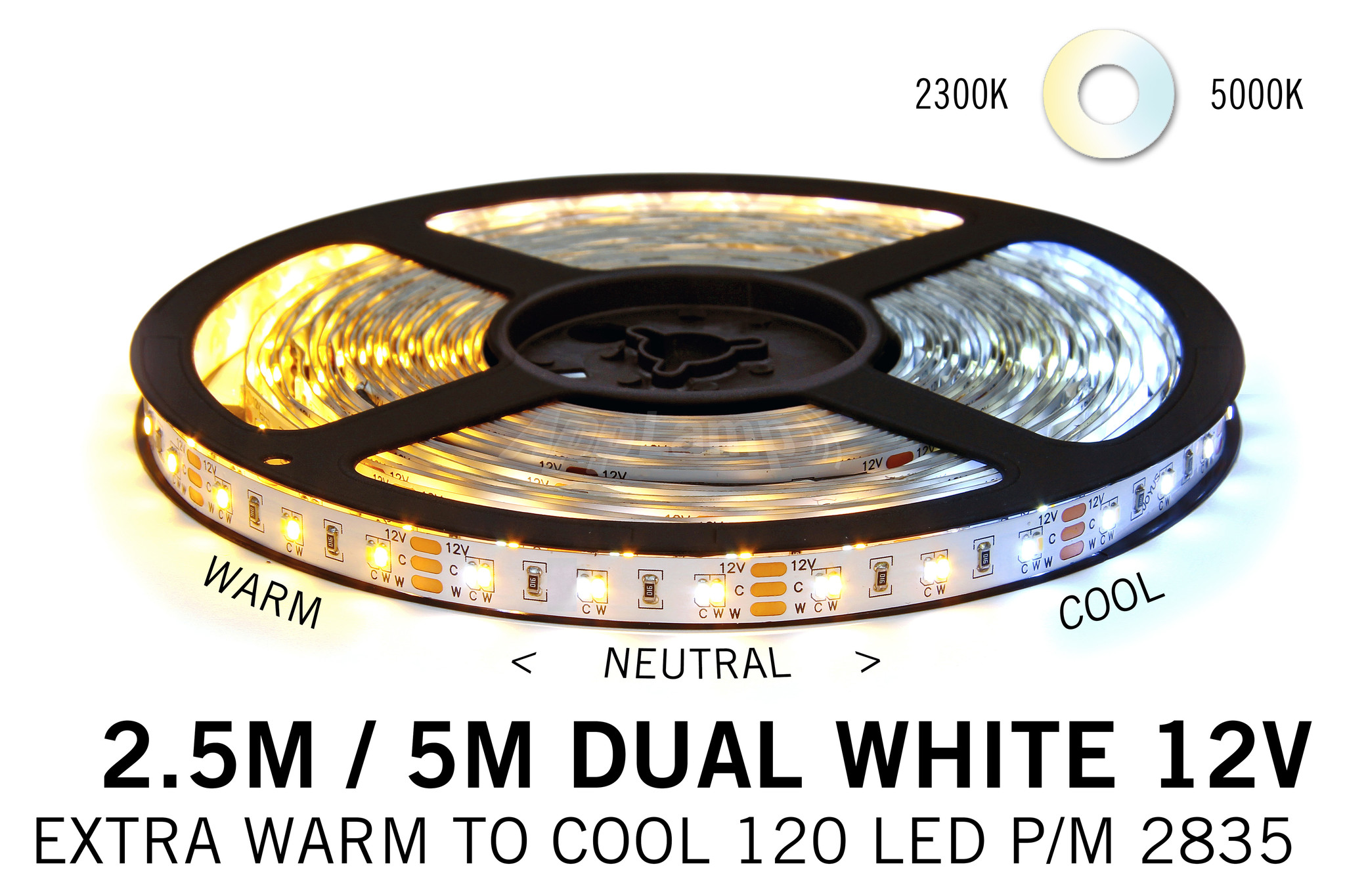 Dual Wit 2300K~5000K CCT Led Strip | 5m of 2.5m  120 Leds pm Type 2835 12V - Losse Strip