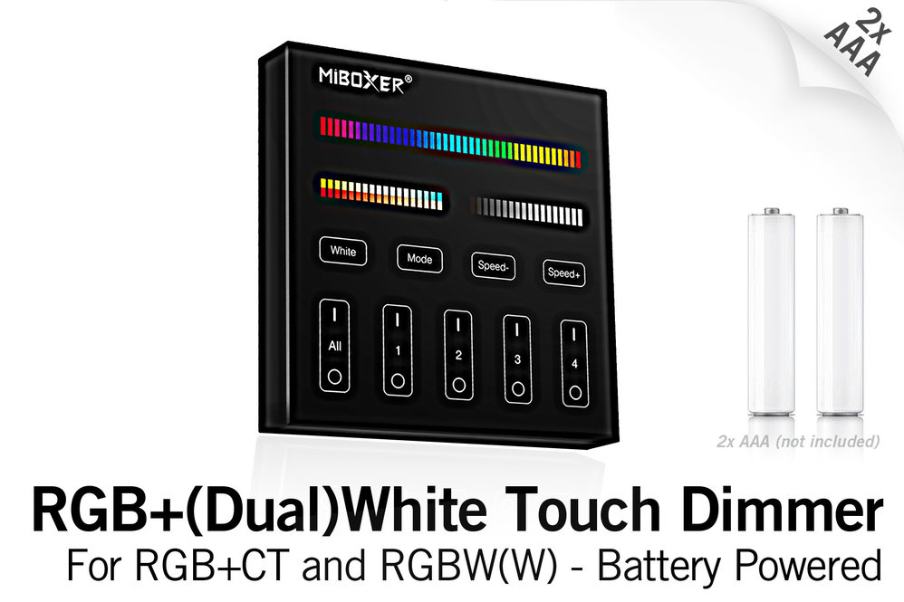 MiLight Zwarte MiLight RGB+ DualWhite (RGB+CT) Touch Wandbediening Opbouw, 4-zones, RF, 2xAAA