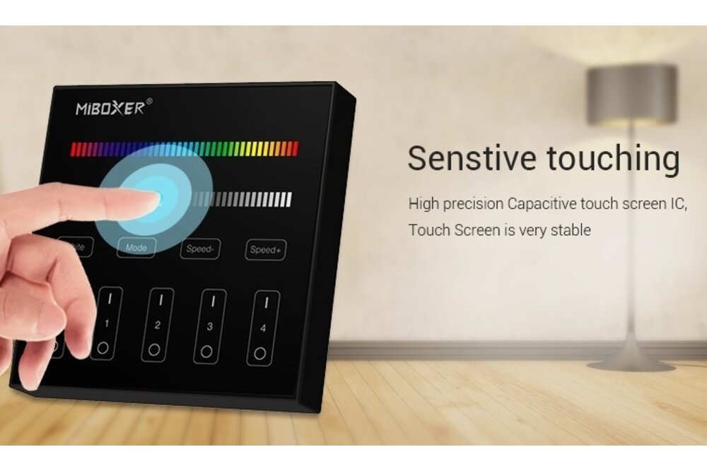 MiLight Zwarte MiLight RGB+ DualWhite (RGB+CT) Touch Wandbediening Opbouw, 4-zones, RF, 2xAAA