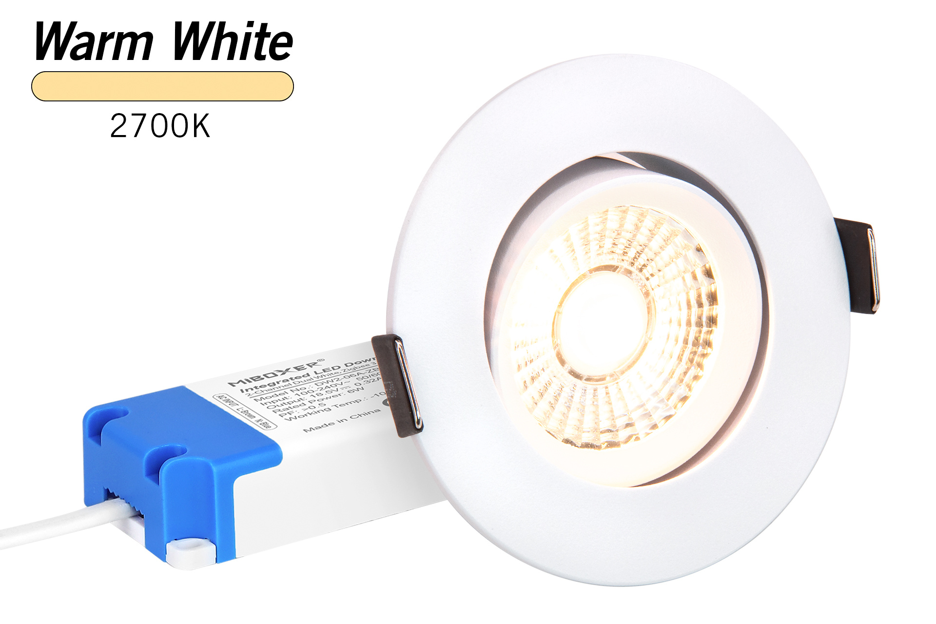 MiLight Mi-Light 6Watt Dimbaar Warm Wit 2700K LED Triac kantelbare Inbouwspot 220V. Mat Wit ⌀90mm