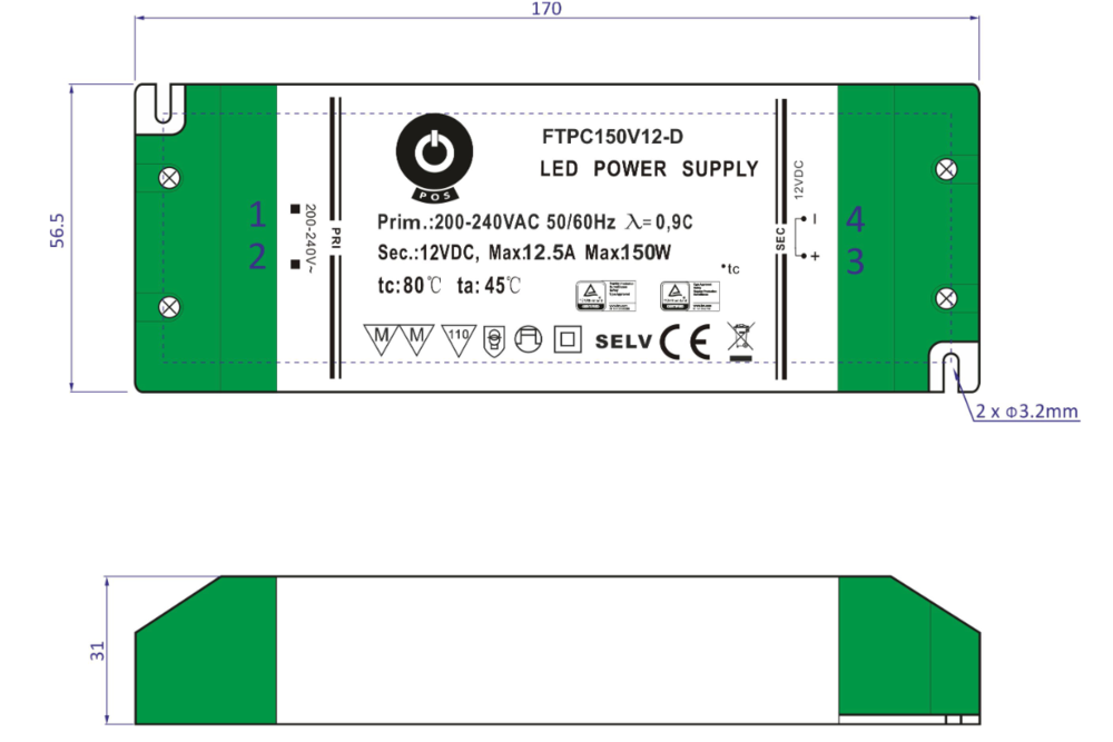 POS-POWER Compacte Dimbare Voeding DC 24 Volt 150 Watt 6.25 Ampère