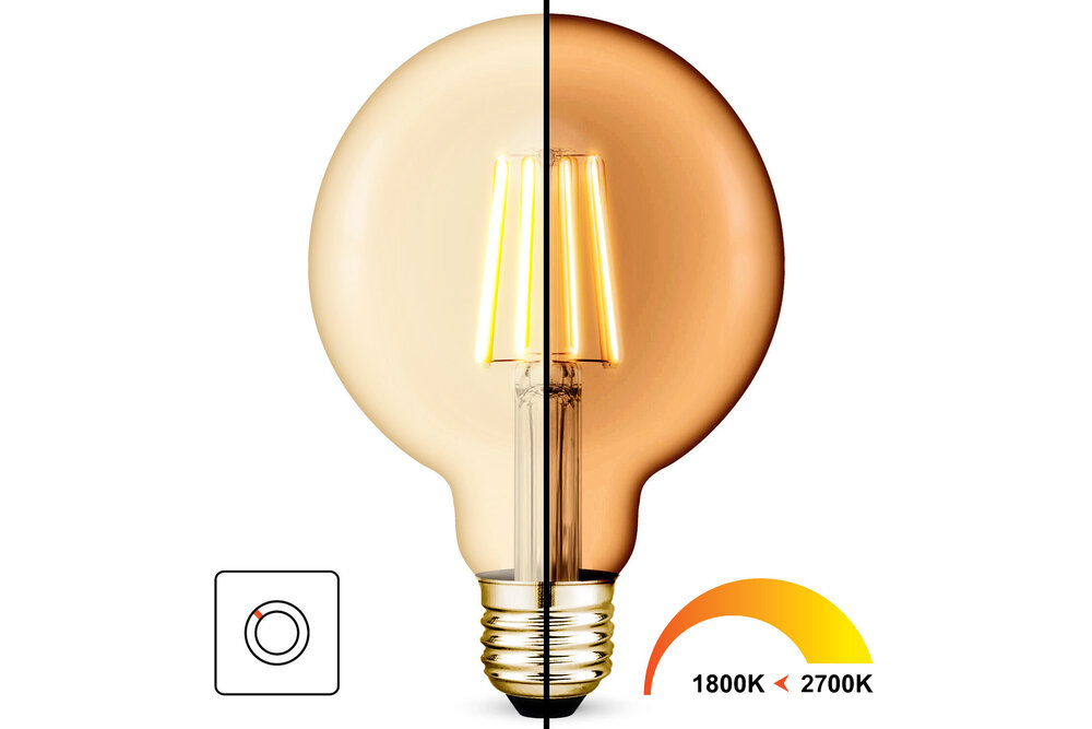 Dim2Warm G95 LED filament Golden Globe | 2700K tot 1800K | E27 | 6W