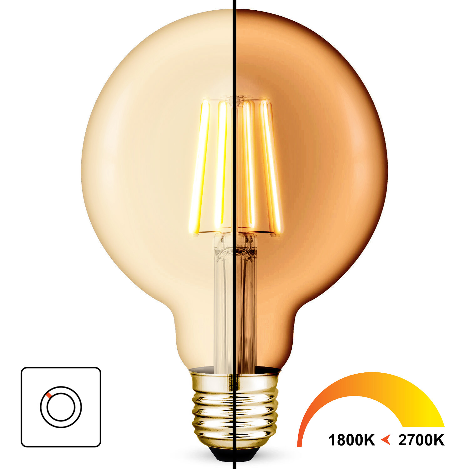 Dim2Warm G95 LED filament Golden Globe | 2700K tot 1800K | E27 | 6W