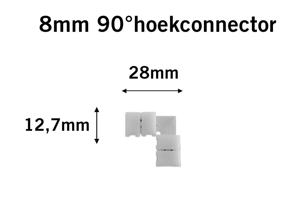 Witte LED strip 90° hoek L-connector, soldeervrij, 8 of 10mm breed