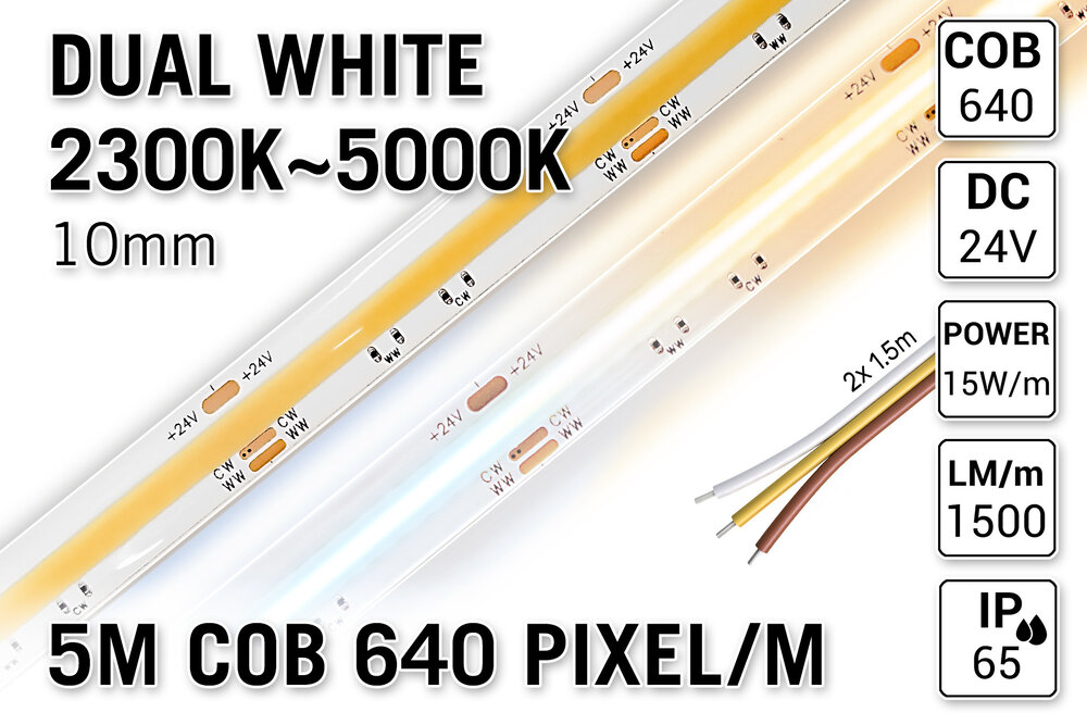AppLamp ProLine PRO LINE COB Dual Wit 2300K~5000K CCT Led Strip |5m COB 640 Pixels pm 24V - Losse Strip
