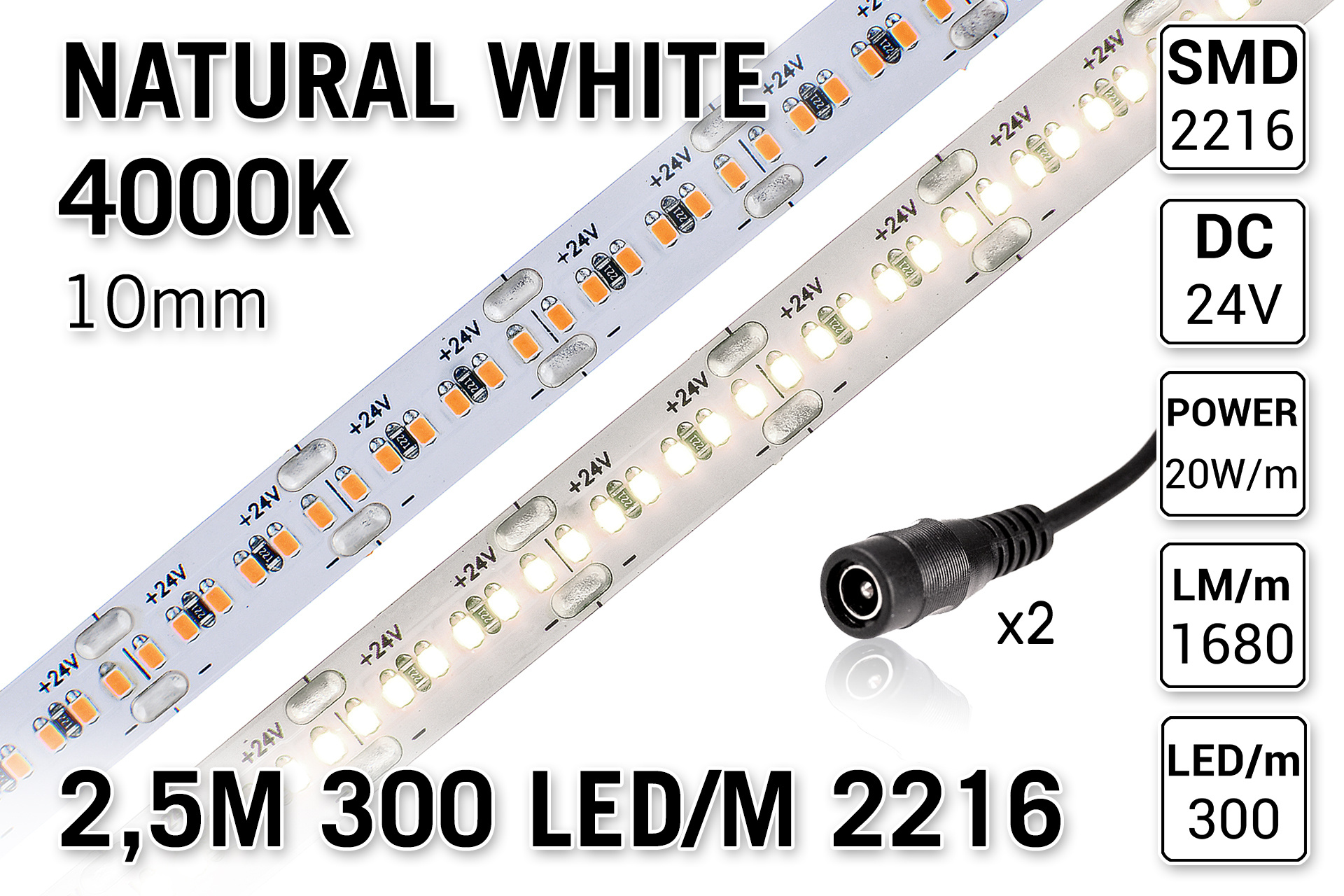 AppLamp ProLine PRO LINE Neutraal Wit Led Strip | 2.5m 300 Leds pm Type 2216 24V Losse Strip