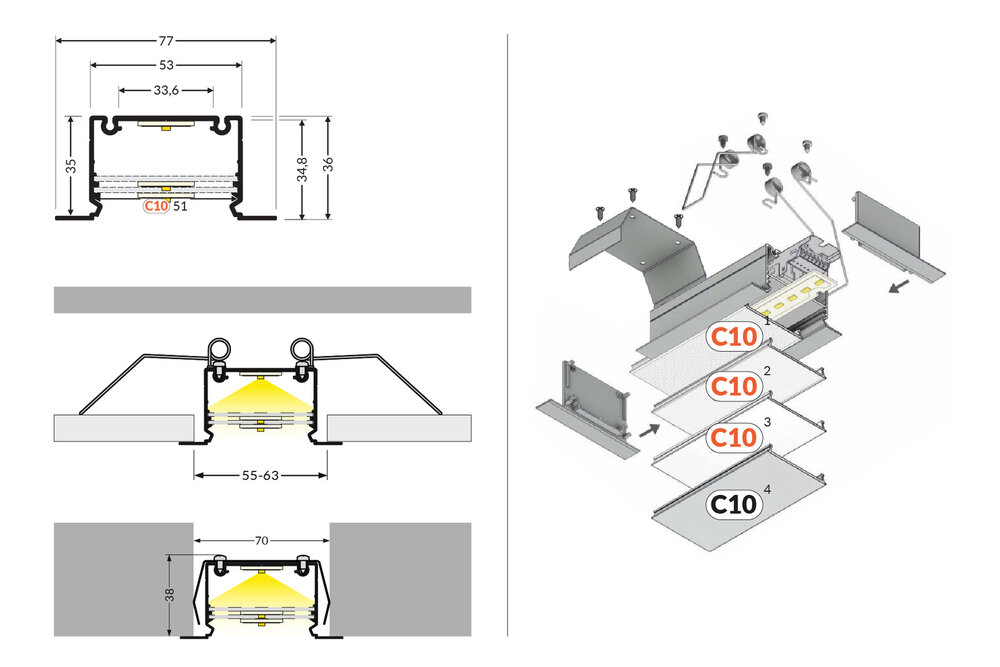 LUMAX503 53mm verzonken Led Profiel 1m-2m