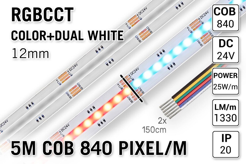 AppLamp COB RGBCCT Led Strip | Kleur+Dual Wit | 5m 25W pm  24V | 840 pixels pm - Losse Strip