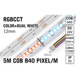 AppLamp COB RGBCCT Led Strip | Kleur+Dual Wit | 5m 25W pm  24V | 840 pixels pm - Losse Strip