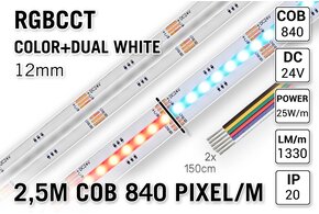 AppLamp COB RGBCCT Led Strip | 2,5m 25W pm  24V | 840 pixels pm - Losse Strip