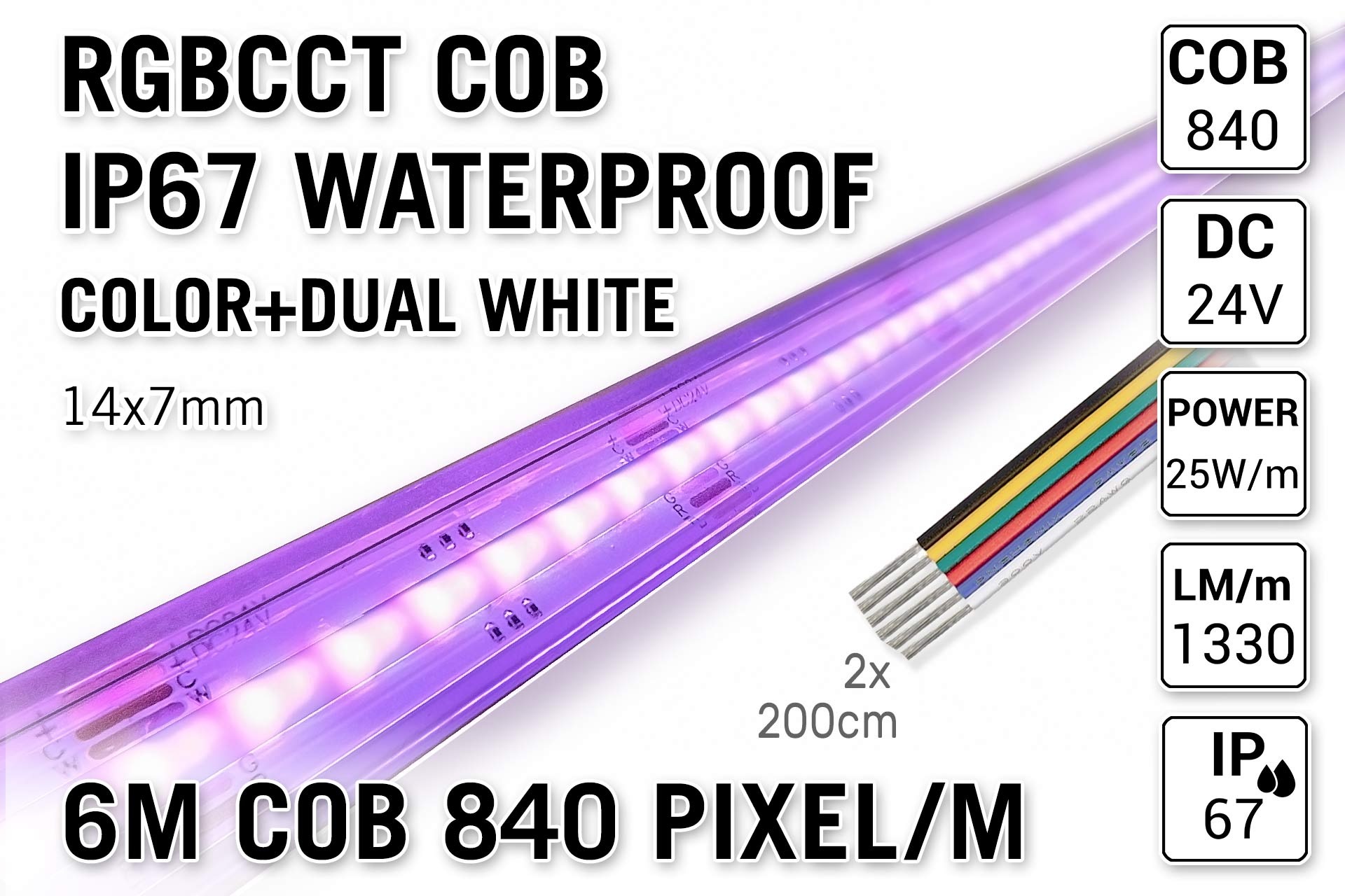 AppLamp COB RGBCCT IP67 Waterproof Led Strip | Kleur+Dual Wit | 6m 25W pm  24V | 840 pixels pm - Losse Strip
