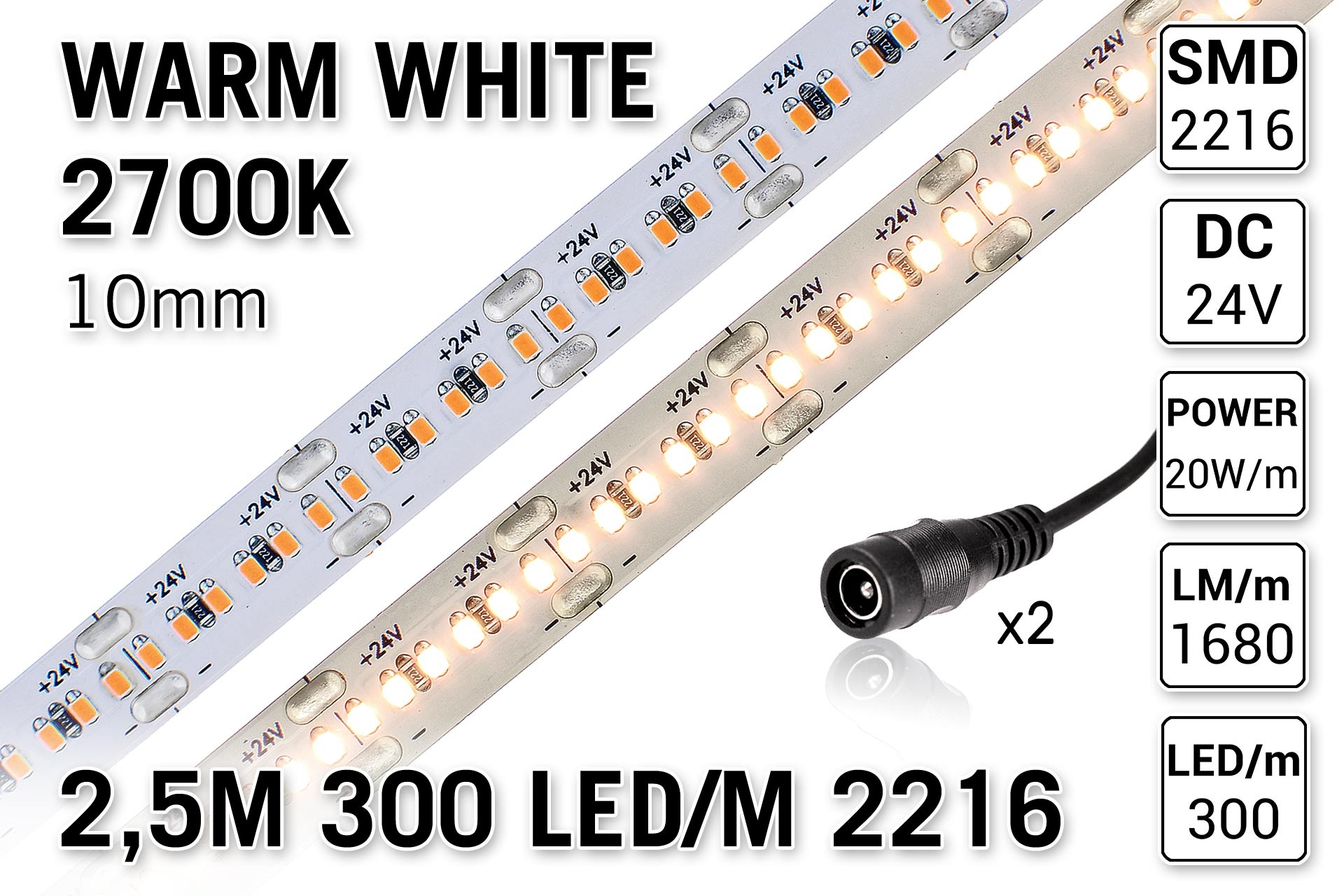 AppLamp ProLine PRO LINE Warm Wit Losse Led Strip | 2.5m 300 Leds pm Type 2216 24V 20W pm