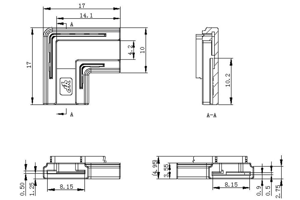 COB LED 90° hoek L-connector voor enkelkleurige ledstrips, soldeervrij. Voor 8mm ledstrips | (L 17,1mm x L 9,8mm x H 5mm)